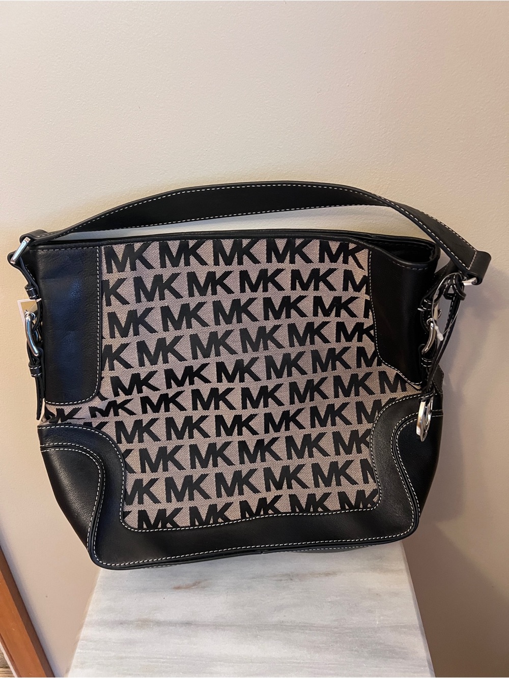 Michael Kors Brookville Black and Beige MK Logo Shoulder Bag